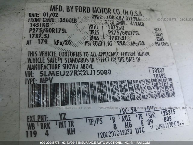 5LMEU27RX2LJ15080 - 2002 LINCOLN NAVIGATOR თეთრი ფოტო 9