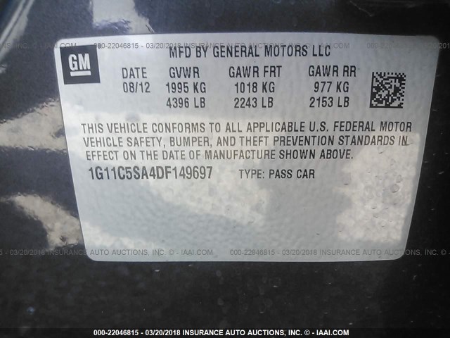 1G11C5SA4DF149697 - 2013 CHEVROLET MALIBU 1LT 灰色 照片 9