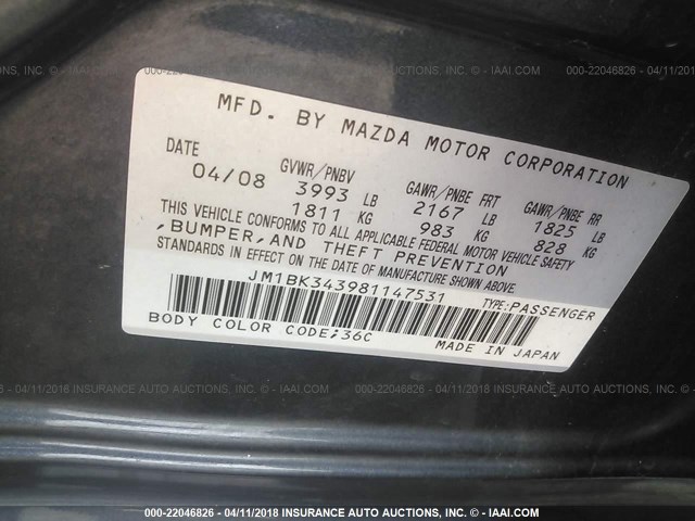 JM1BK343981147531 - 2008 MAZDA 3 HATCHBACK GRAY photo 9