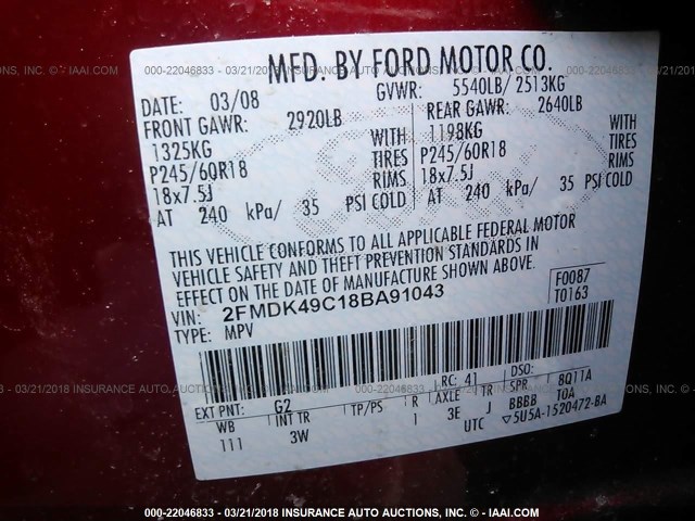 2FMDK49C18BA91043 - 2008 FORD EDGE LIMITED RED photo 9