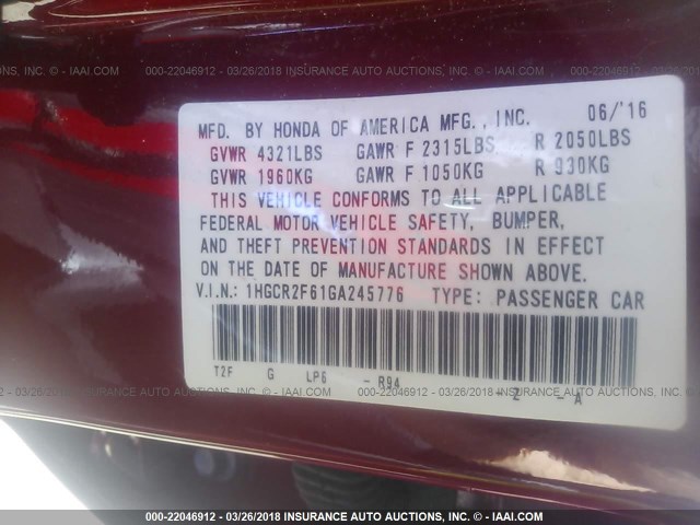 1HGCR2F61GA245776 - 2016 HONDA ACCORD SPORT წითელი ფოტო 9