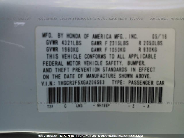 1HGCR2F5XGA206563 - 2016 HONDA ACCORD SPORT 白色 照片 9