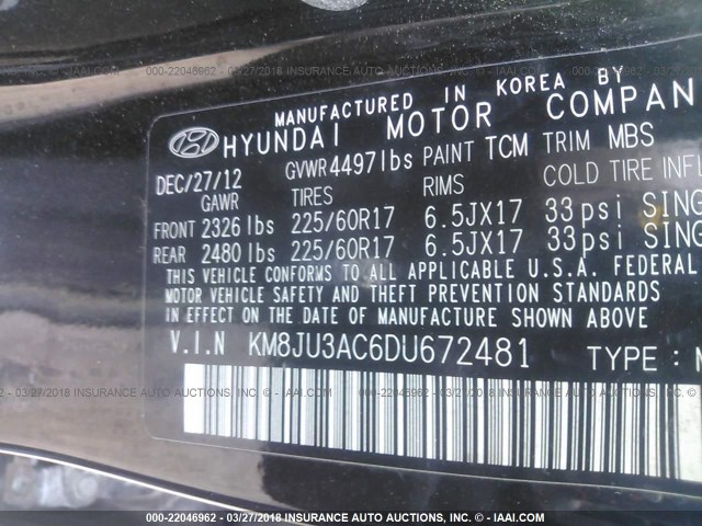 KM8JU3AC6DU672481 - 2013 HYUNDAI TUCSON GLS/LIMITED BLACK photo 9