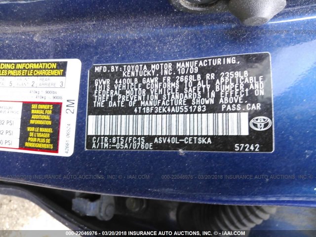 4T1BF3EK4AU551783 - 2010 TOYOTA CAMRY SE/LE/XLE BLUE photo 9