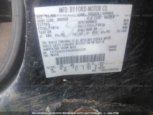 1FTSW31PX4EE02329 - 2004 FORD F350 SRW SUPER DUTY BLACK photo 9