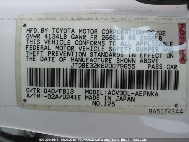 JTDBE32K620079655 - 2002 TOYOTA CAMRY LE/XLE/SE WHITE photo 9