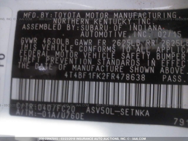 4T4BF1FK2FR478638 - 2015 TOYOTA CAMRY LE/XLE/SE/XSE WHITE photo 9