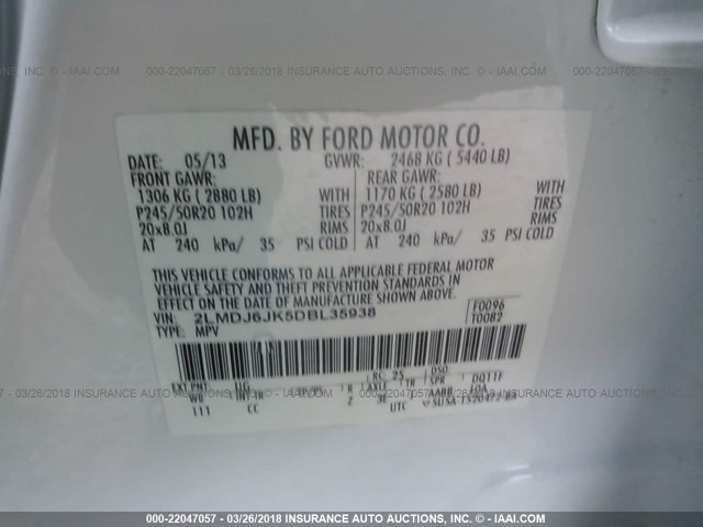 2LMDJ6JK5DBL35938 - 2013 LINCOLN MKX WHITE photo 9