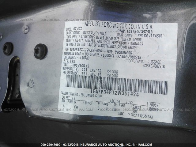 1FAFP34P12W351424 - 2002 FORD FOCUS SE/SE COMFORT GRAY photo 9