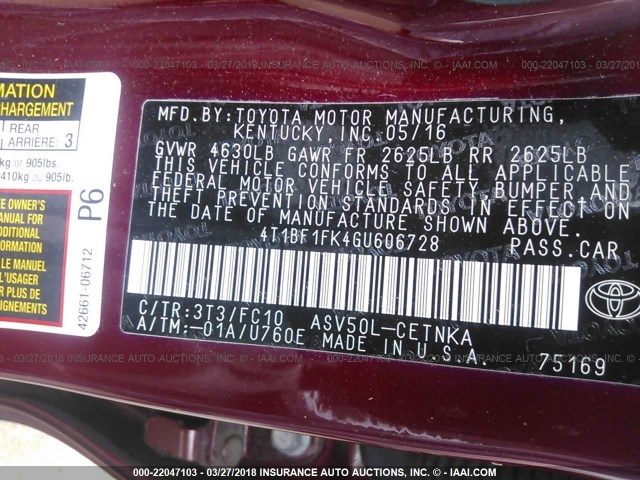 4T1BF1FK4GU606728 - 2016 TOYOTA CAMRY LE/XLE/SE/XSE 红色 照片 9