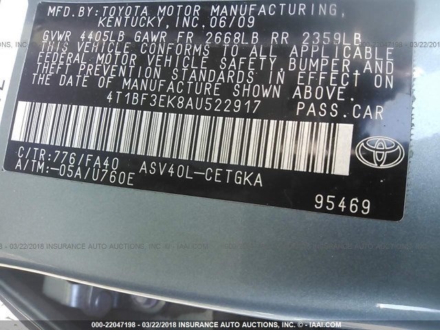 4T1BF3EK8AU522917 - 2010 TOYOTA CAMRY SE/LE/XLE Зеленый фото 9