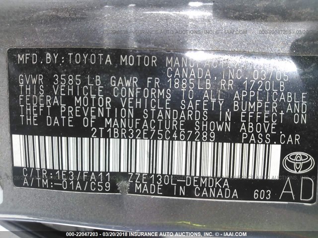 2T1BR32E75C467289 - 2005 TOYOTA COROLLA CE/LE/S GRAY photo 9