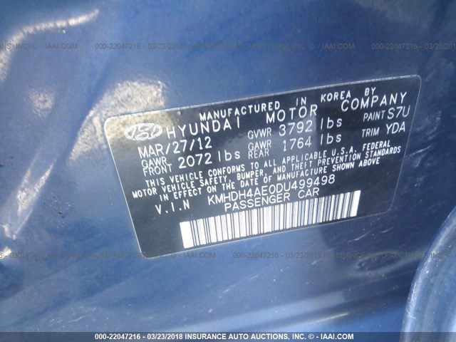 KMHDH4AE0DU499498 - 2013 HYUNDAI ELANTRA GLS/LIMITED BLUE photo 9