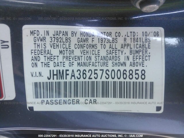 JHMFA36257S006858 - 2007 HONDA CIVIC HYBRID GRAY photo 9