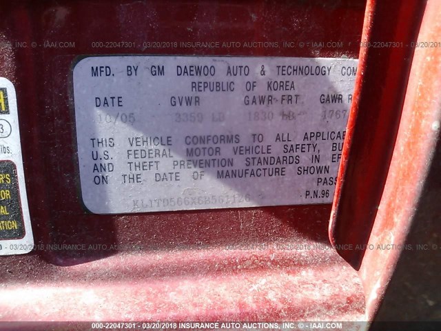 KL1TD566X6B561126 - 2006 CHEVROLET AVEO LS 栗色 照片 9