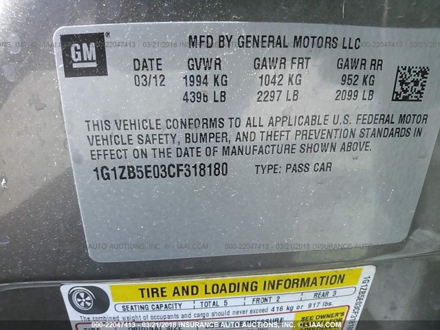 1G1ZB5E03CF318180 - 2012 CHEVROLET MALIBU LS 棕色 照片 9