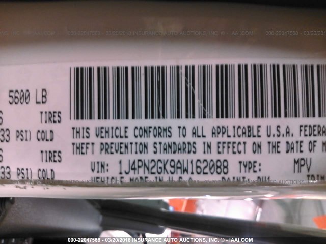 1J4PN2GK9AW162088 - 2010 JEEP LIBERTY SPORT 白色 照片 9