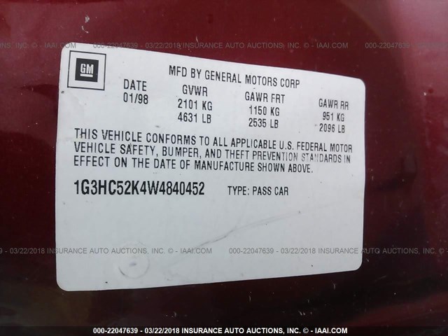 1G3HC52K4W4840452 - 1998 OLDSMOBILE REGENCY MAROON photo 9