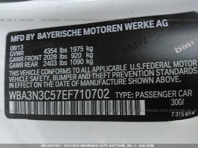 WBA3N3C57EF710702 - 2014 BMW 428 I WHITE photo 9