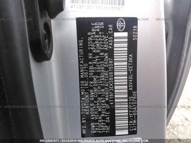 4T1BF3EK5BU615587 - 2011 TOYOTA CAMRY SE/LE/XLE SILVER photo 9