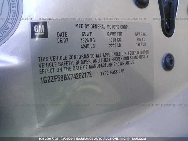 1G2ZF58BX74262172 - 2007 PONTIAC G6 VALUE LEADER/BASE SILVER photo 9