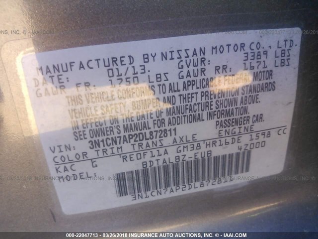 3N1CN7AP2DL872811 - 2013 NISSAN VERSA S/S PLUS/SV/SL GRAY photo 9