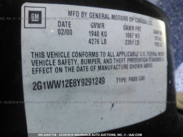 2G1WW12E8Y9291249 - 2000 CHEVROLET MONTE CARLO LS 黑色 照片 9