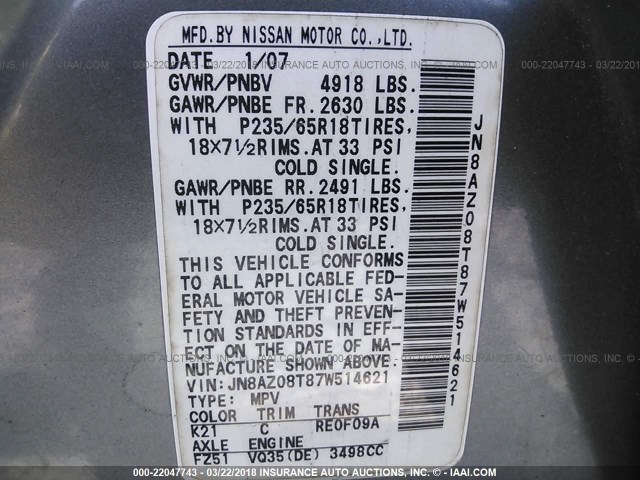 JN8AZ08T87W514621 - 2007 NISSAN MURANO SL/SE/S GRAY photo 9