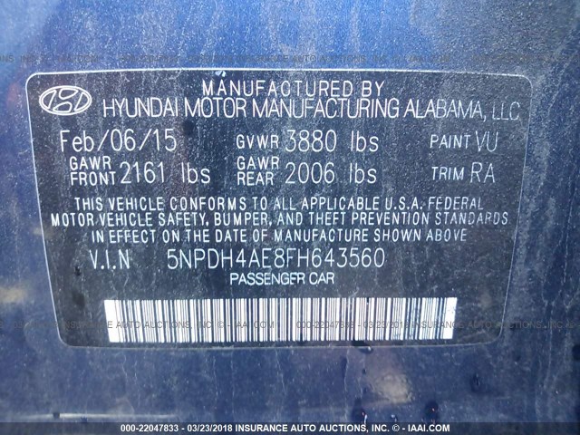 5NPDH4AE8FH643560 - 2015 HYUNDAI ELANTRA SE/SPORT/LIMITED BLUE photo 9