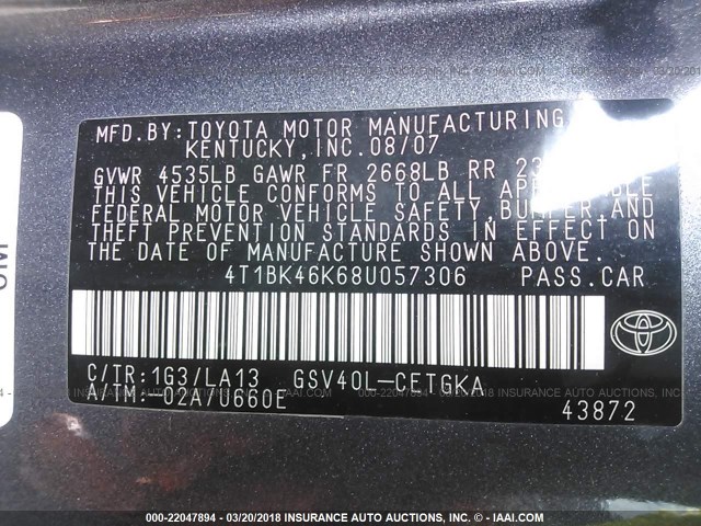 4T1BK46K68U057306 - 2008 TOYOTA CAMRY LE/XLE/SE ნაცრისფერი ფოტო 9