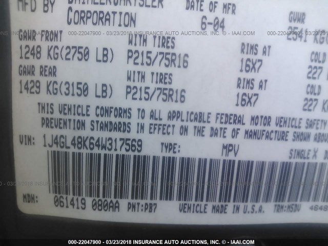 1J4GL48K64W317569 - 2004 JEEP LIBERTY SPORT 蓝色 照片 9