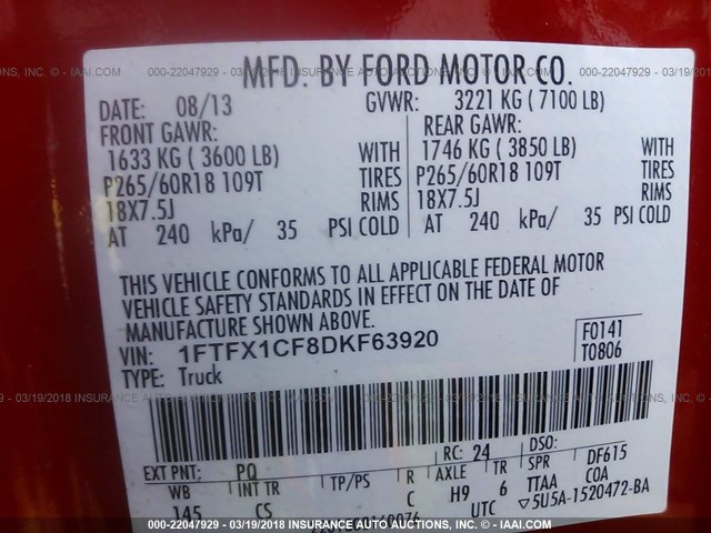 1FTFX1CF8DKF63920 - 2013 FORD F150 SUPER CAB RED photo 9