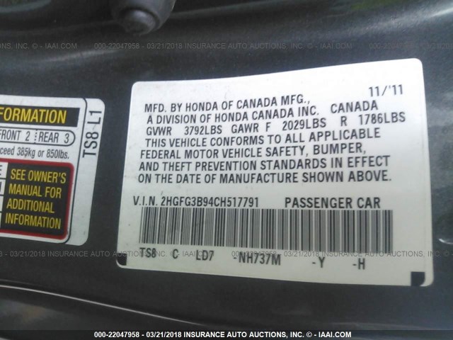 2HGFG3B94CH517791 - 2012 HONDA CIVIC EXL GRAY photo 9