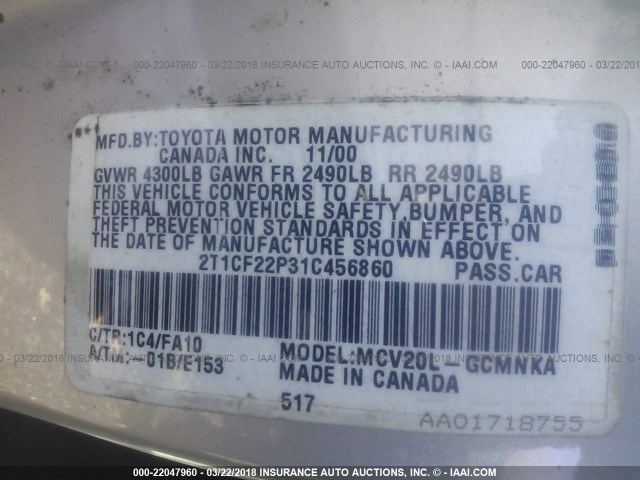 2T1CF22P31C456860 - 2001 TOYOTA CAMRY SOLARA SE/SLE SILVER photo 9