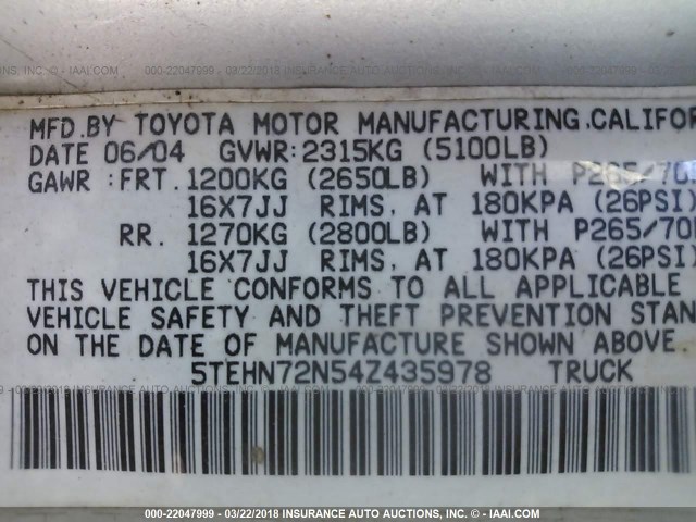 5TEHN72N54Z435978 - 2004 TOYOTA TACOMA DOUBLE CAB 银色 照片 9