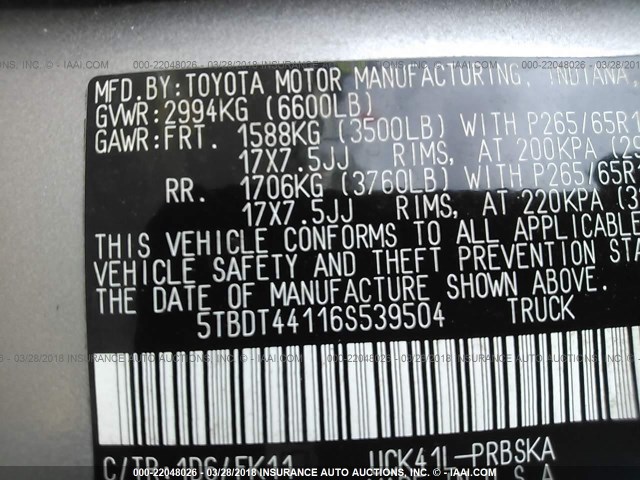 5TBDT44116S539504 - 2006 TOYOTA TUNDRA DOUBLE CAB SR5 SILVER photo 9