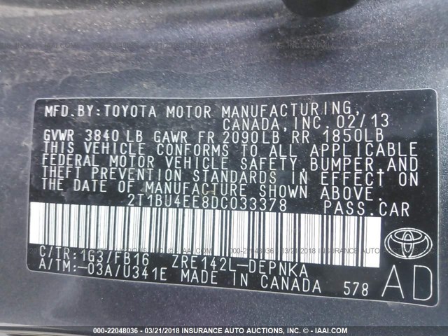 2T1BU4EE8DC033378 - 2013 TOYOTA COROLLA S/LE GRAY photo 9