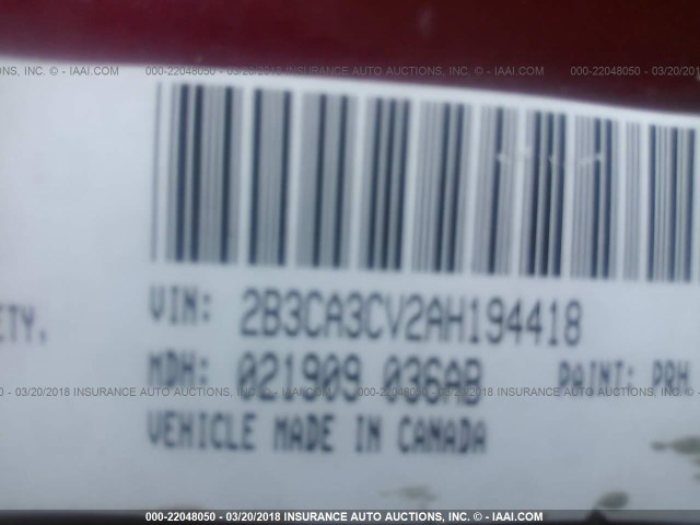 2B3CA3CV2AH194418 - 2010 DODGE CHARGER SXT RED photo 9