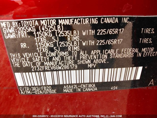 2T3ZFREV6GW286179 - 2016 TOYOTA RAV4 LE RED photo 9