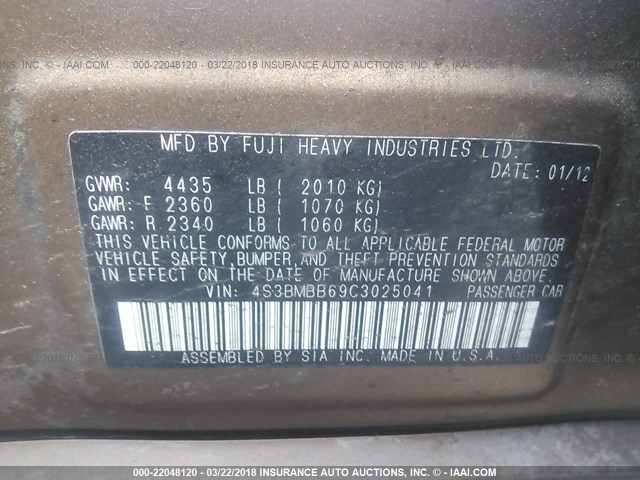 4S3BMBB69C3025041 - 2012 SUBARU LEGACY 2.5I PREMIUM GOLD photo 9