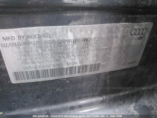 WAULC68EX3A318047 - 2003 AUDI A4 1.8T QUATTRO SILVER photo 9