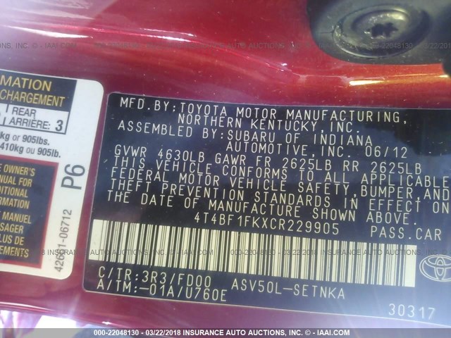 4T4BF1FKXCR229905 - 2012 TOYOTA CAMRY SE/LE/XLE 红色 照片 9