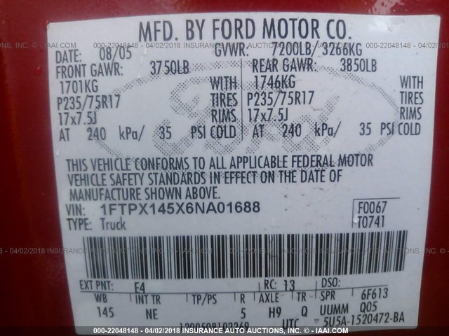 1FTPX145X6NA01688 - 2006 FORD F150 RED photo 9