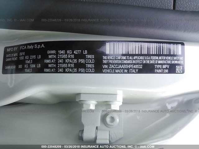 ZACCJAAB5HPE48532 - 2017 JEEP RENEGADE SPORT Սպիտակ լուսանկար 9