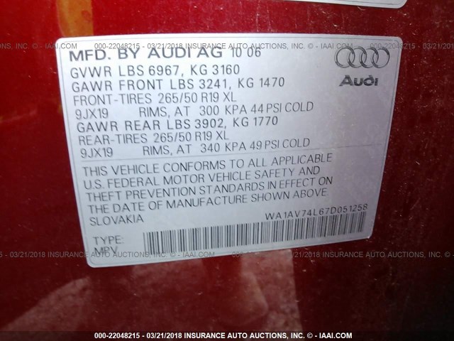 WA1AV74L67D051258 - 2007 AUDI Q7 4.2 QUATTRO RED photo 9