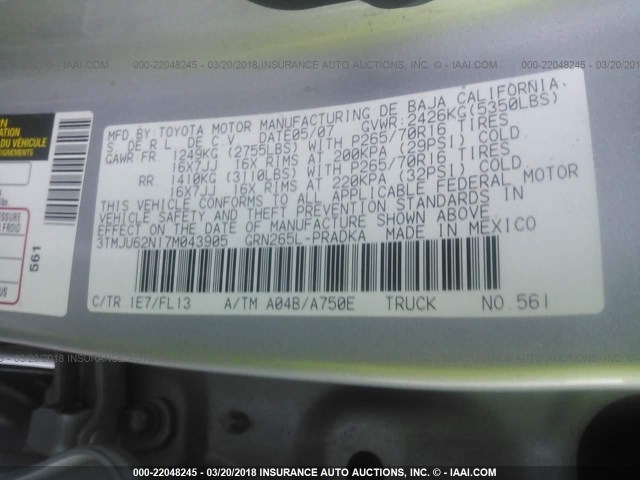 3TMJU62N17M043905 - 2007 TOYOTA TACOMA DOUBLE CAB PRERUNNER SILVER photo 9