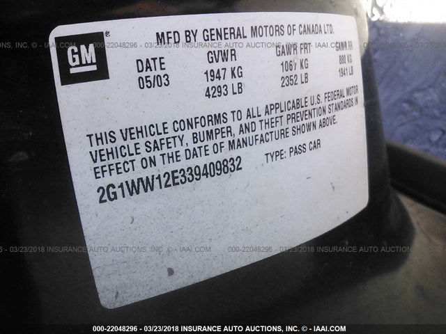 2G1WW12E339409832 - 2003 CHEVROLET MONTE CARLO LS BLACK photo 9