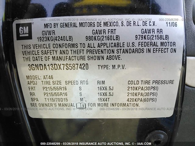 3GNDA13DX7S587420 - 2007 CHEVROLET HHR LS BLACK photo 9