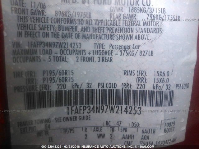 1FAFP34N97W214253 - 2007 FORD FOCUS ZX4/S/SE/SES 红色 照片 9