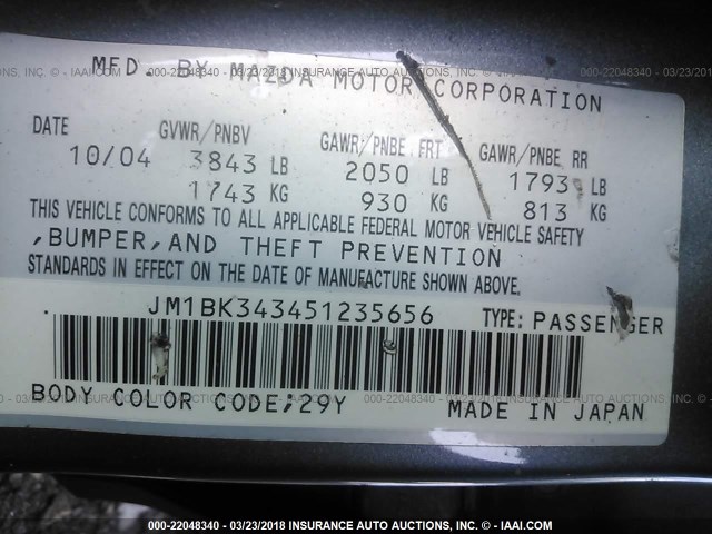 JM1BK343451235656 - 2005 MAZDA 3 HATCHBACK GRAY photo 9